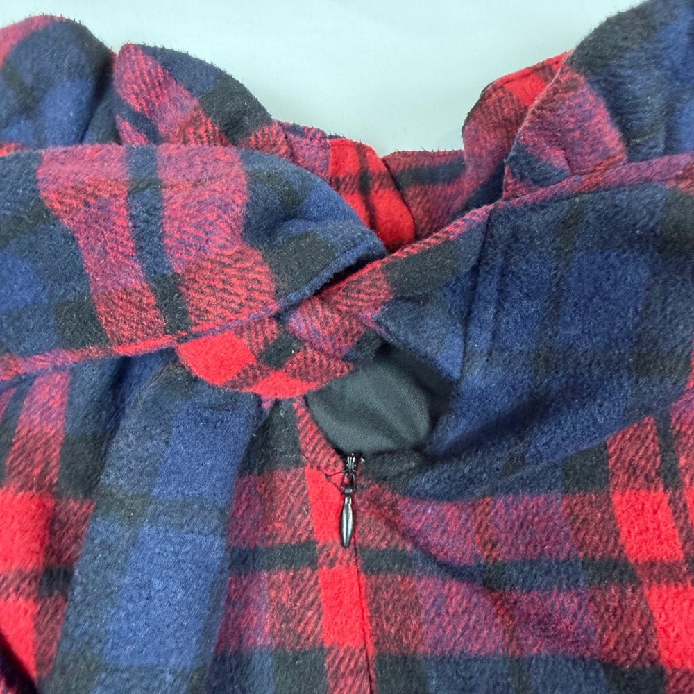Unbranded Plaid Shift Dress Womens Medium Red Navy Ruffle Neck Back Tie Festive - Picture 4 of 7